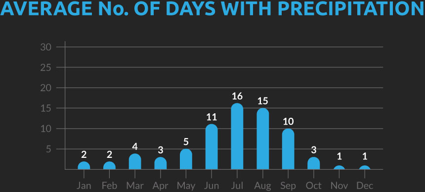 Chart showing the average number of days with precipitation for our Indian Spiti to Ladakh cycling holiday