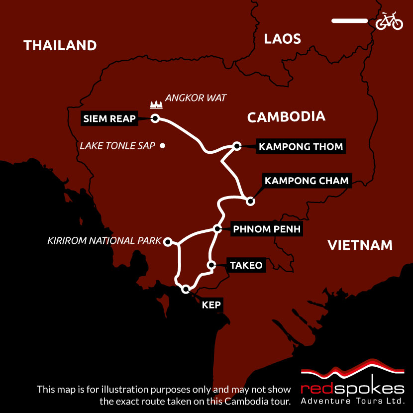 Example route for this Cambodia cycling holiday