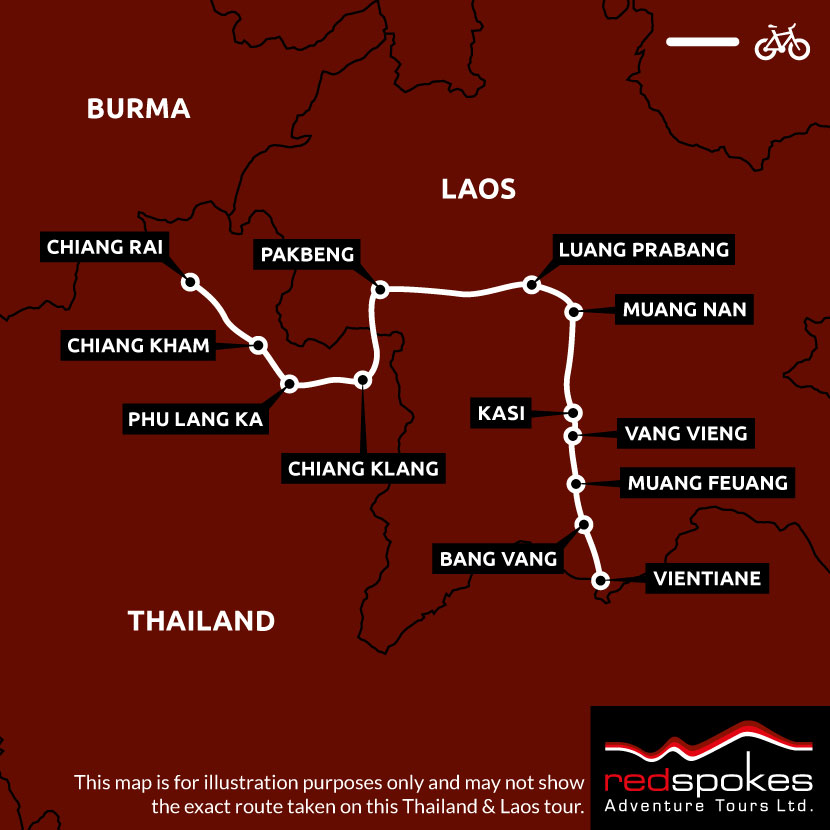 Thailand and Laos Cycling Holiday Map - Square