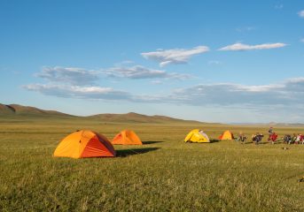 Wild camping on the vast Mongolian steppe